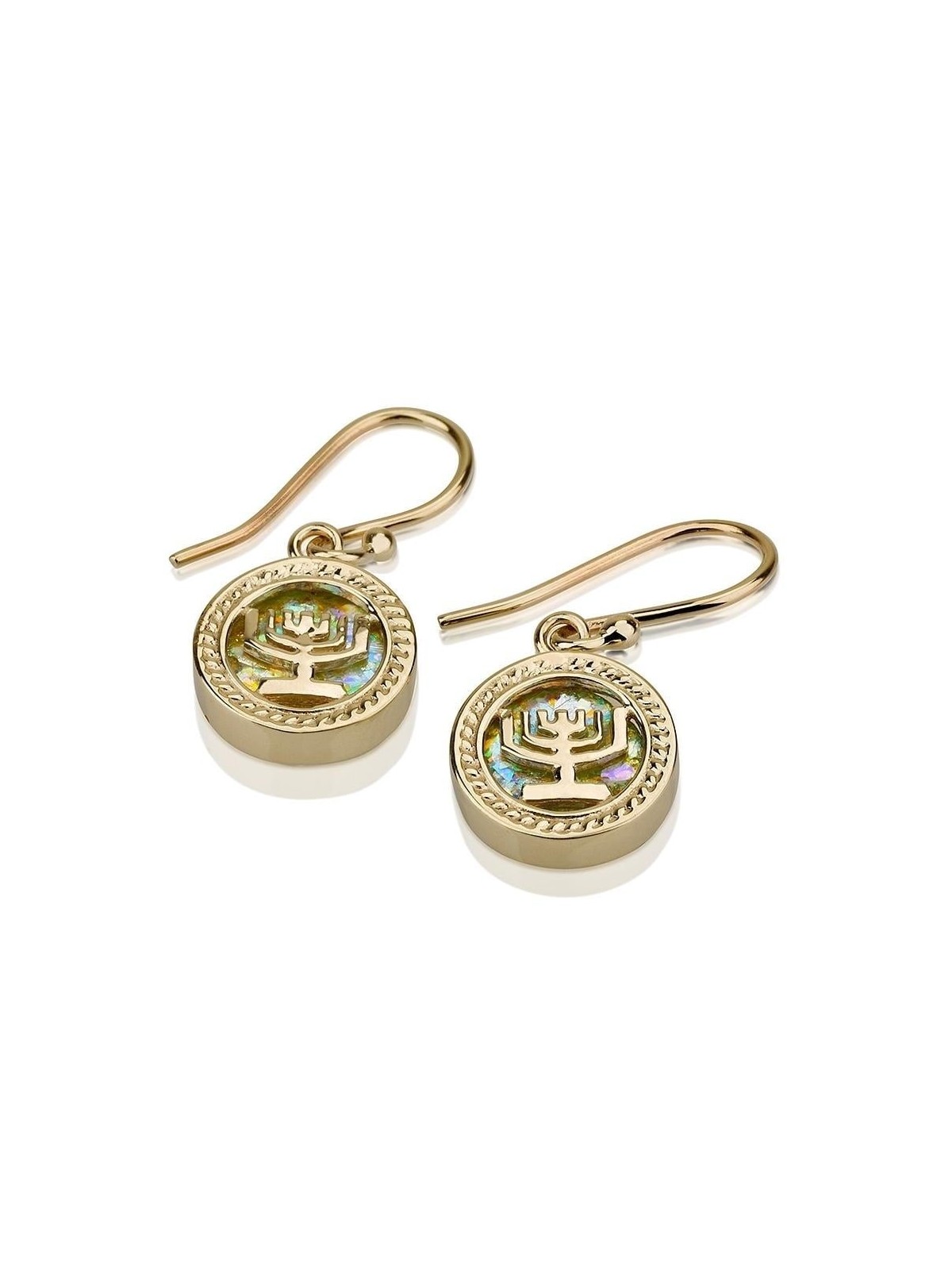 14K Gold and Roman Glass Menorah Earrings
