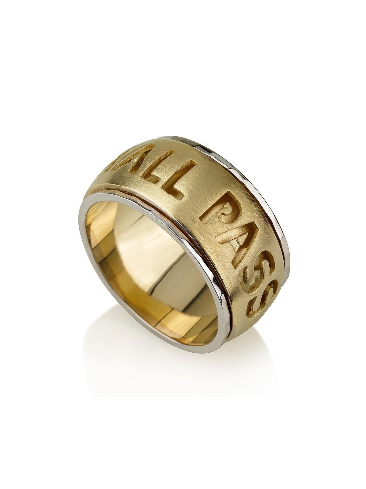 Bague tournante bicolore en or 14 carats avec « This Too Shall Pass »