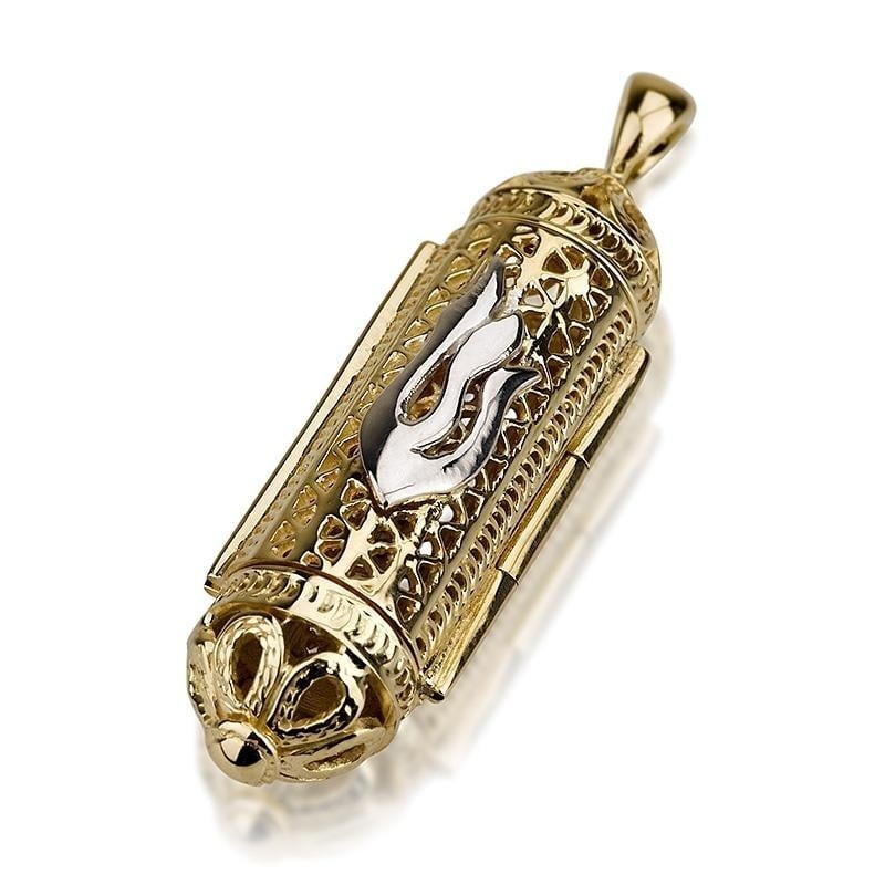 Pendentif Mezouza en or 14 carats avec rouleau de Torah