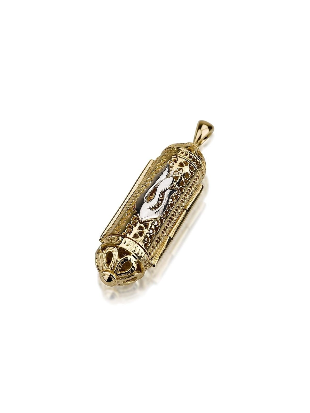 14K Gold Torah Scroll Mezuzah Pendant