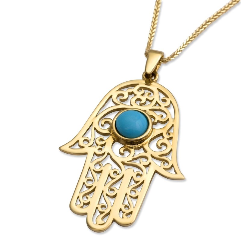 14K Yellow Gold Filigree Hamsa Pendant Necklace With Turquoise Stone