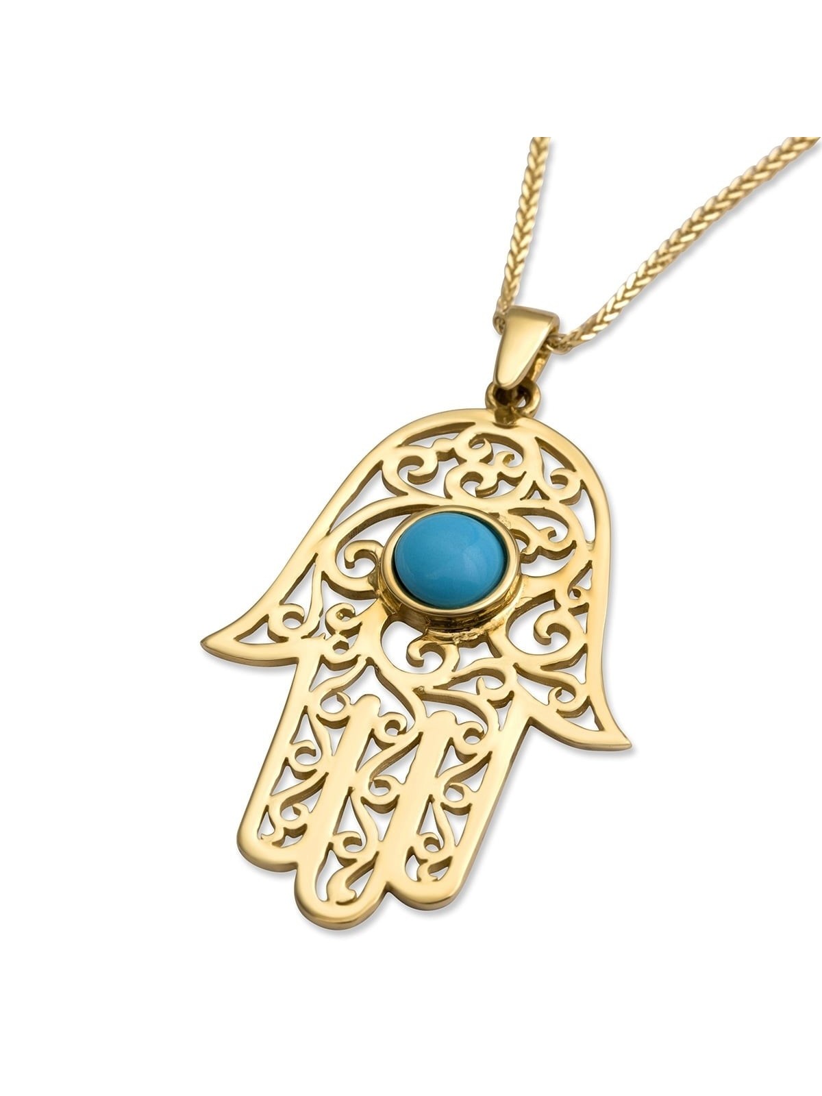14K Yellow Gold Filigree Hamsa Pendant Necklace With Turquoise Stone