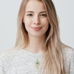 14K Yellow Gold Filigree Hamsa Pendant Necklace With Turquoise Stone