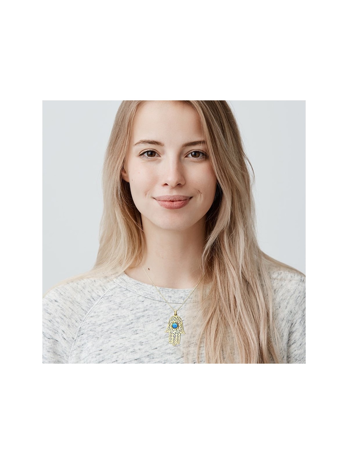 14K Yellow Gold Filigree Hamsa Pendant Necklace With Turquoise Stone