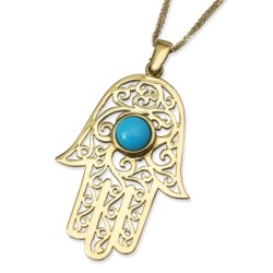 14K Yellow Gold Filigree Hamsa Pendant Necklace With Turquoise Stone