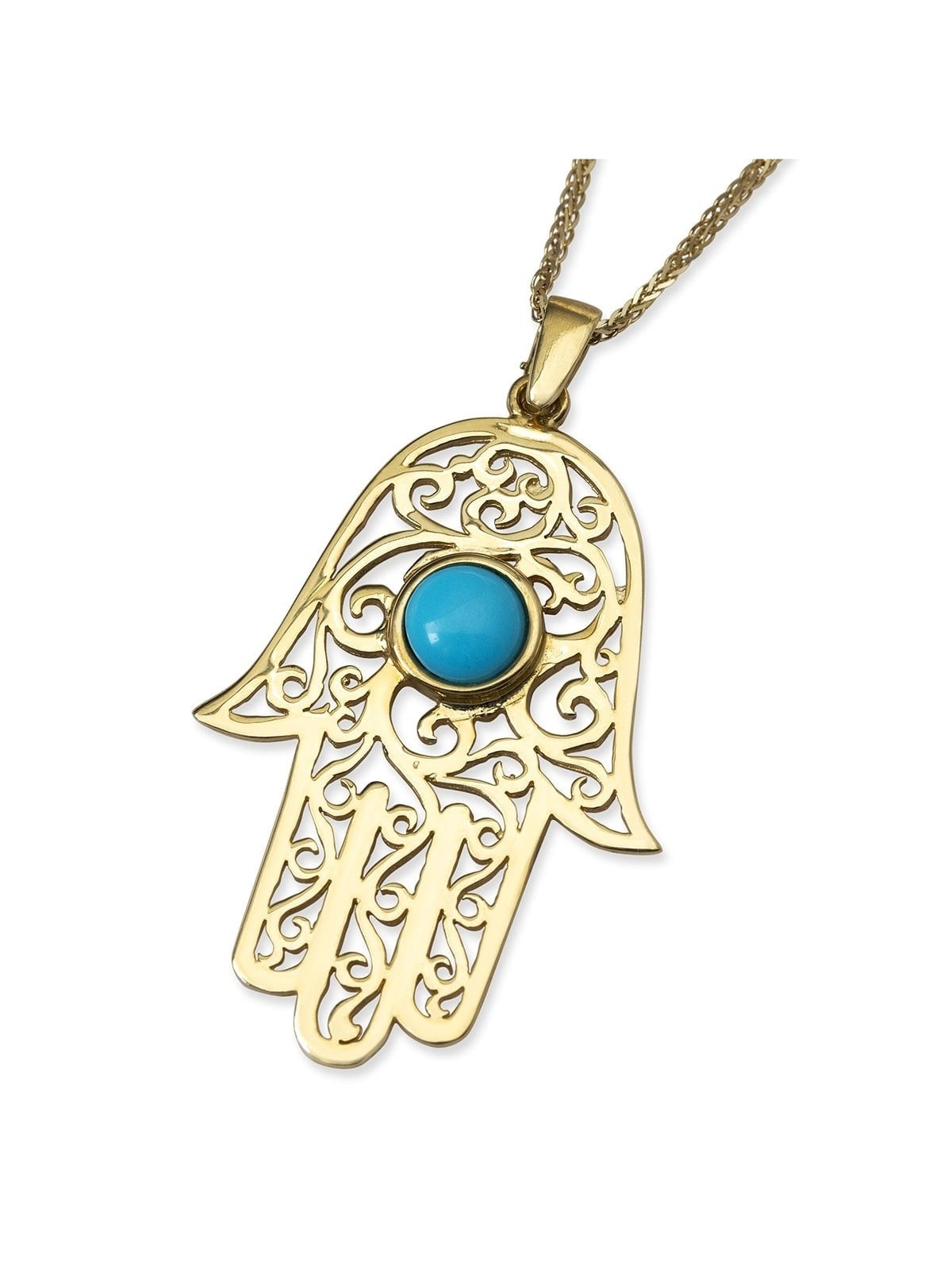14K Yellow Gold Filigree Hamsa Pendant Necklace With Turquoise Stone