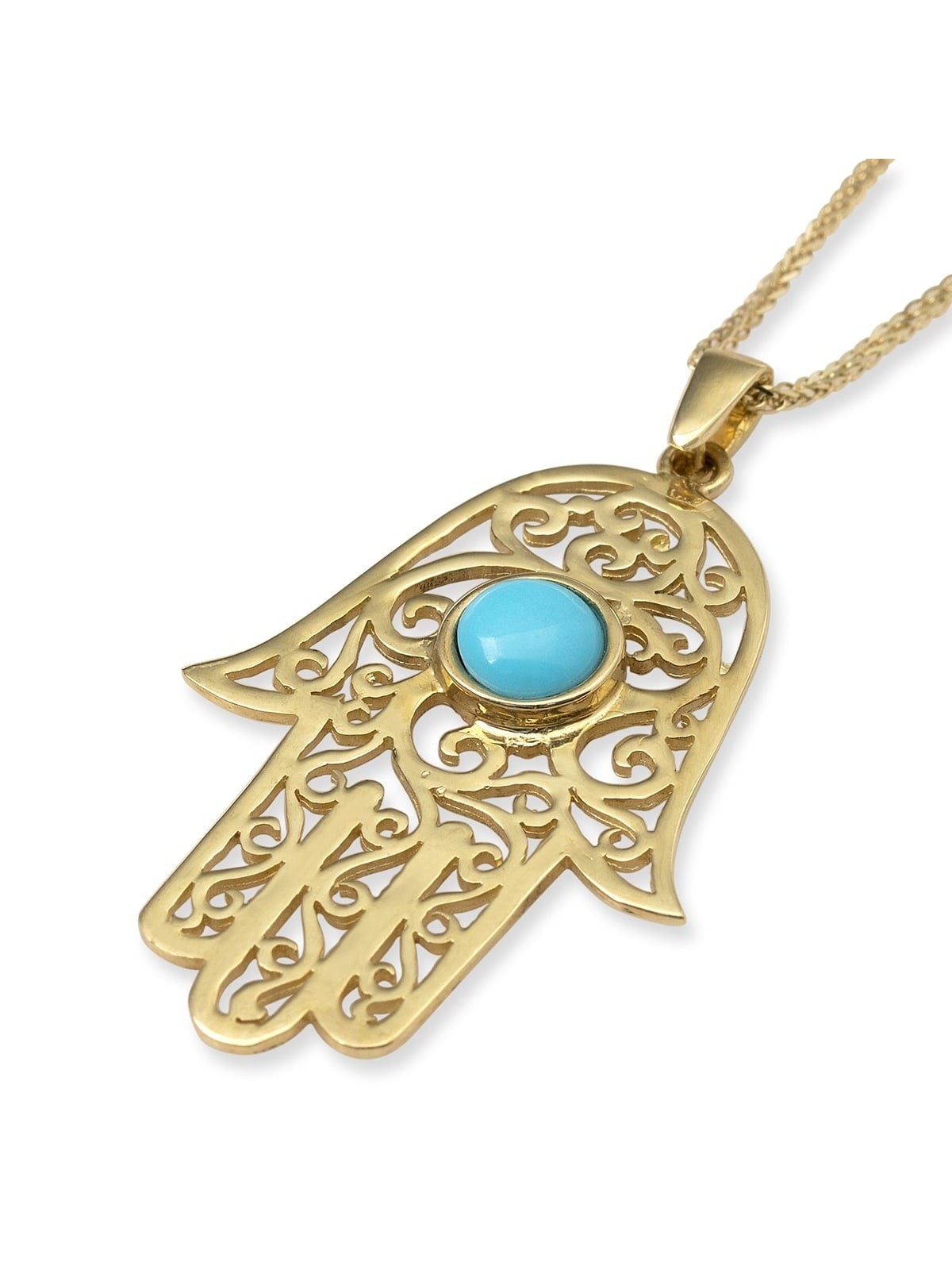 14K Yellow Gold Filigree Hamsa Pendant Necklace With Turquoise Stone