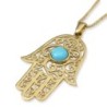14K Yellow Gold Filigree Hamsa Pendant Necklace With Turquoise Stone