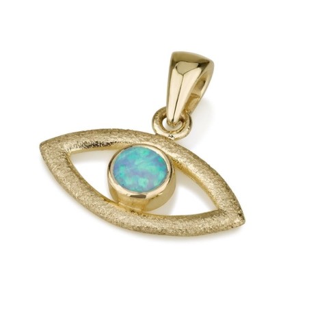 14K Gold Textured Evil Eye Pendant with Blue Opal Stone