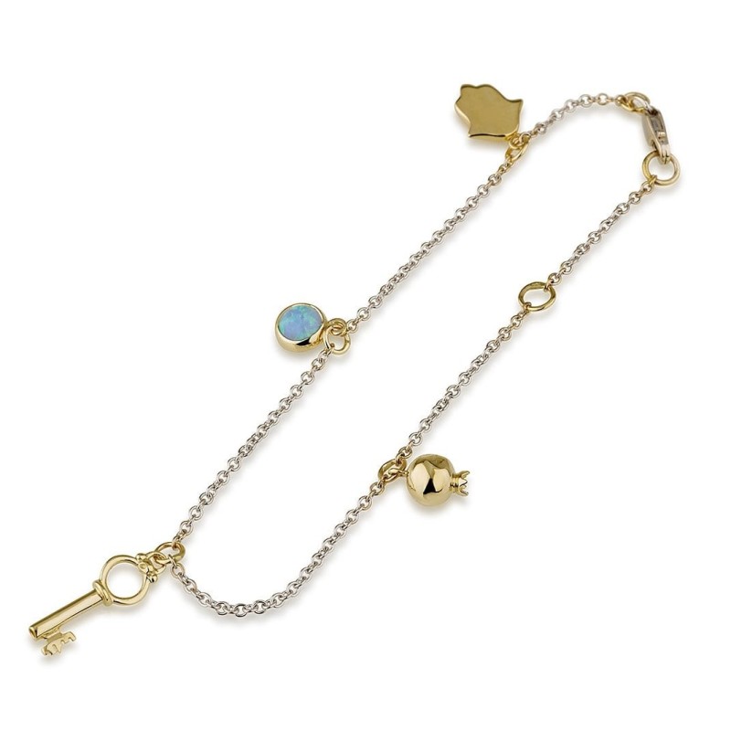 Bracelet à breloques Hamsa et grenade en or blanc 14 carats