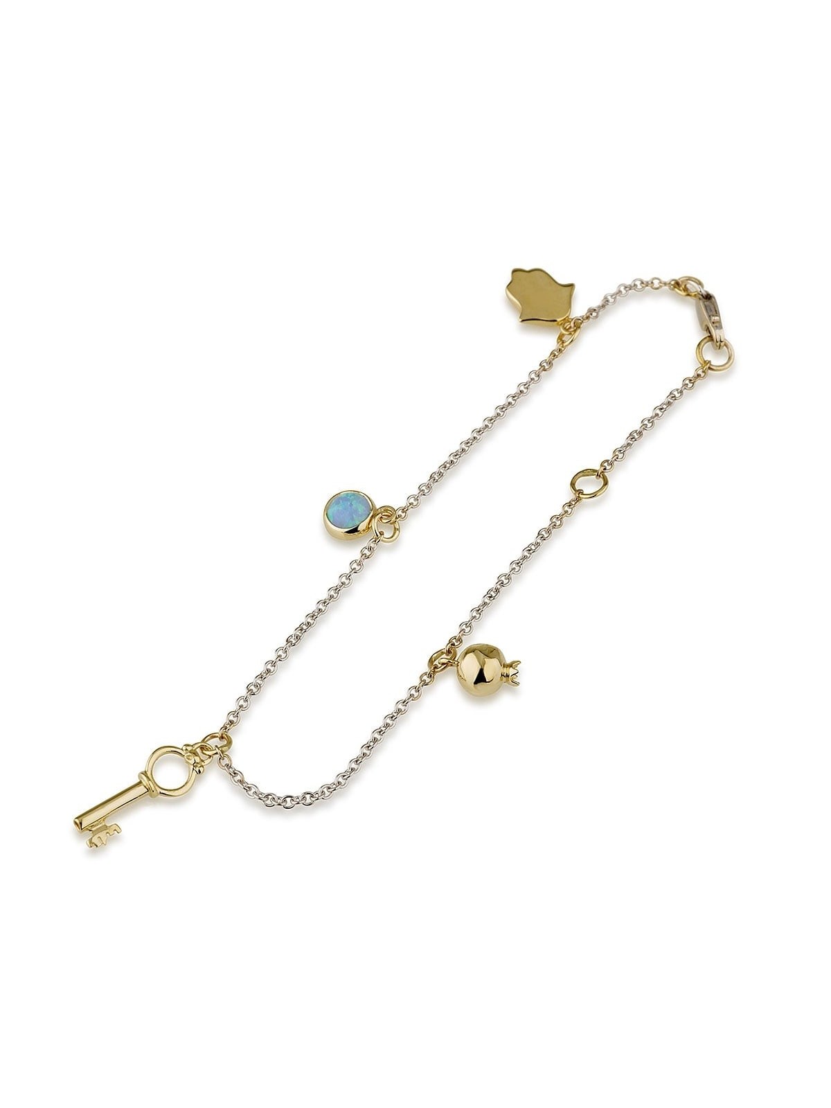 Bracelet à breloques Hamsa et grenade en or blanc 14 carats
