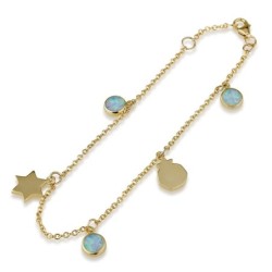 14K Yellow Gold Star of David and Pomegranate Charm Bracelet