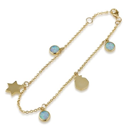 14K Yellow Gold Star of David and Pomegranate Charm Bracelet