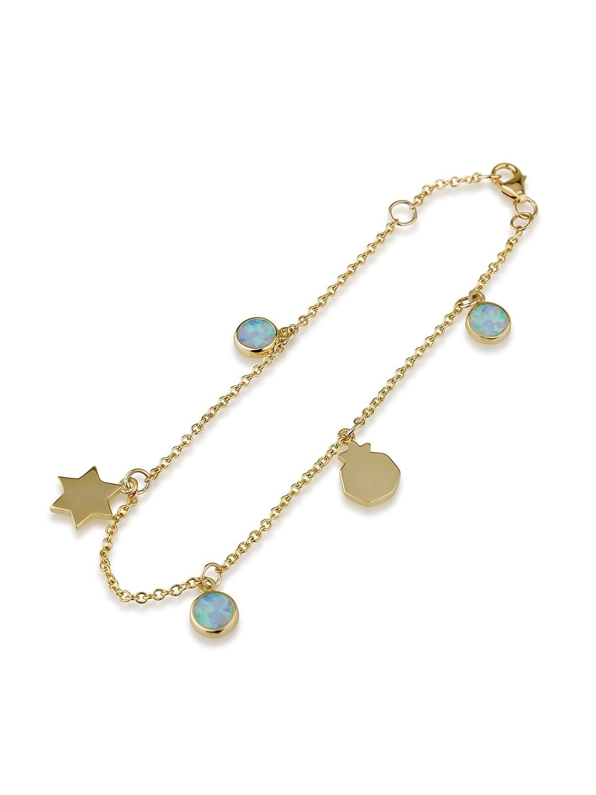 14K Yellow Gold Star of David and Pomegranate Charm Bracelet