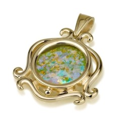 14K Gold and Roman Glass Swirling Pendant