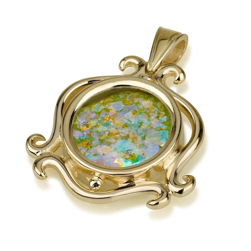 14K Gold and Roman Glass Swirling Pendant