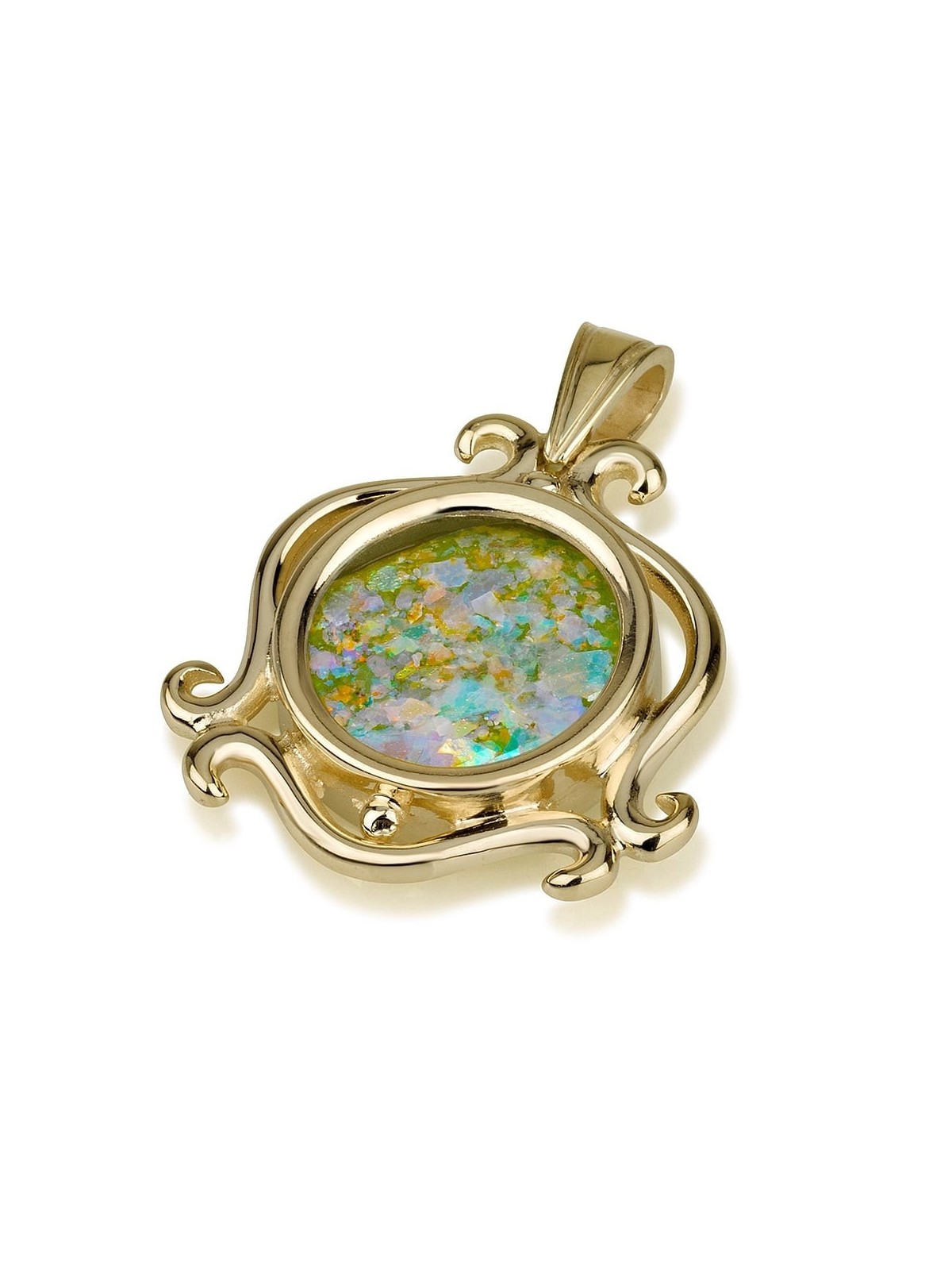 14K Gold and Roman Glass Swirling Pendant