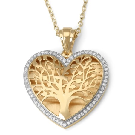 Grand pendentif arbre de vie en forme de cœur en or 14 carats avec diamants