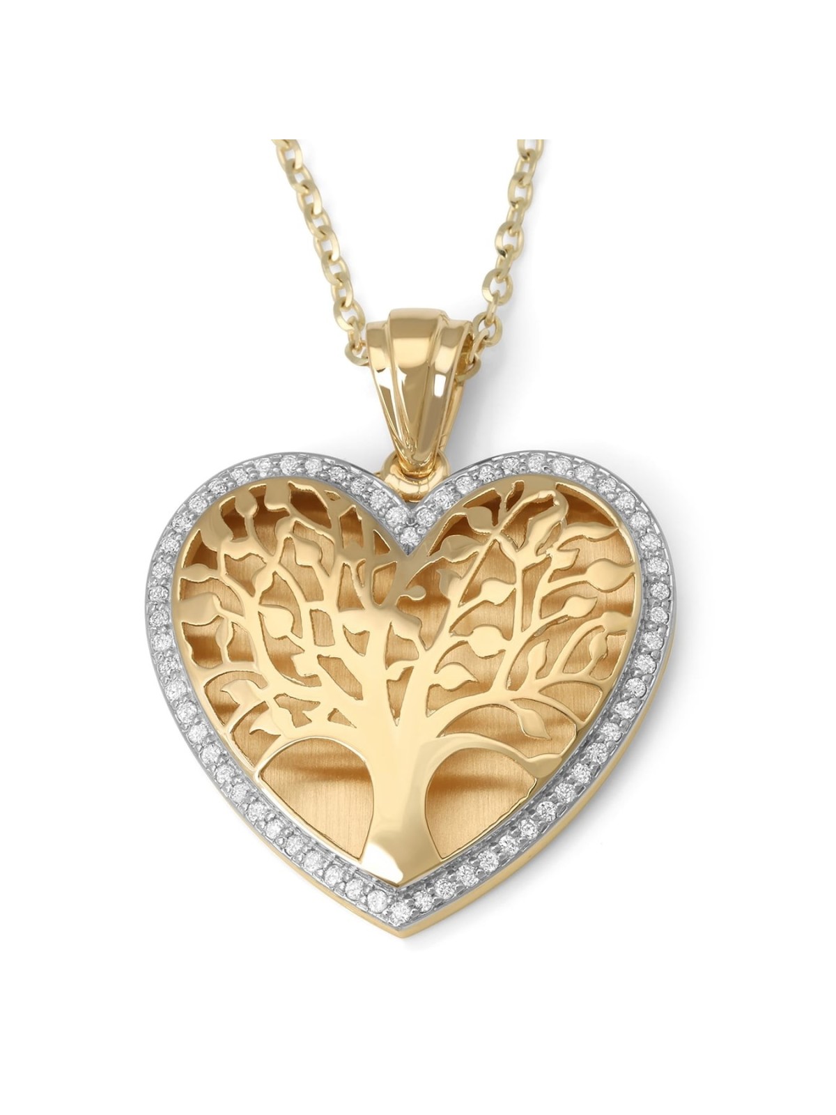 Grand pendentif arbre de vie en forme de cœur en or 14 carats avec diamants