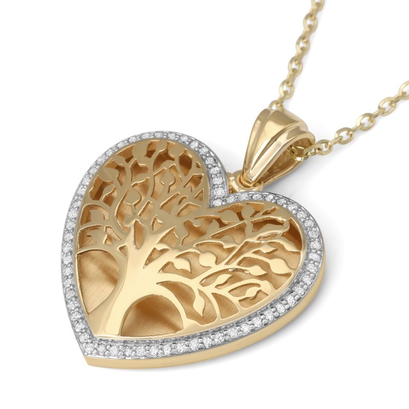 Grand pendentif arbre de vie en forme de cœur en or 14 carats avec diamants