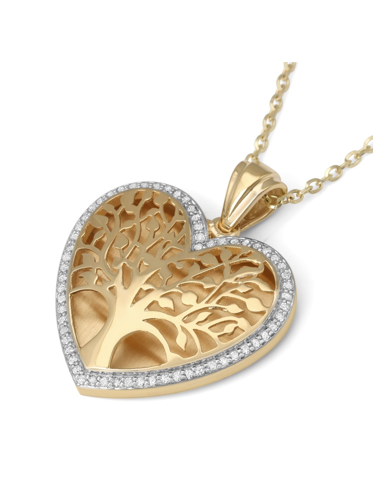 Grand pendentif arbre de vie en forme de cœur en or 14 carats avec diamants