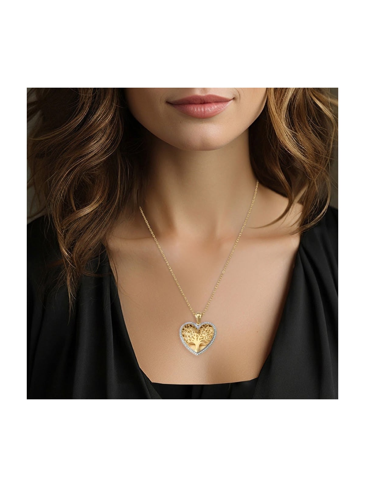 14K Gold Large Heart Shaped Tree of Life Pendant with Diamonds