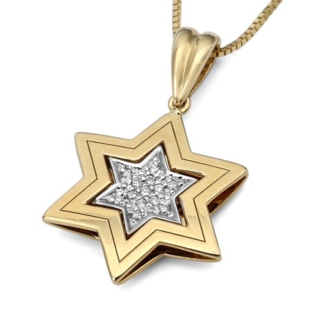 Collier double pendentif étoile de David en or 14 carats avec diamants (choix o
