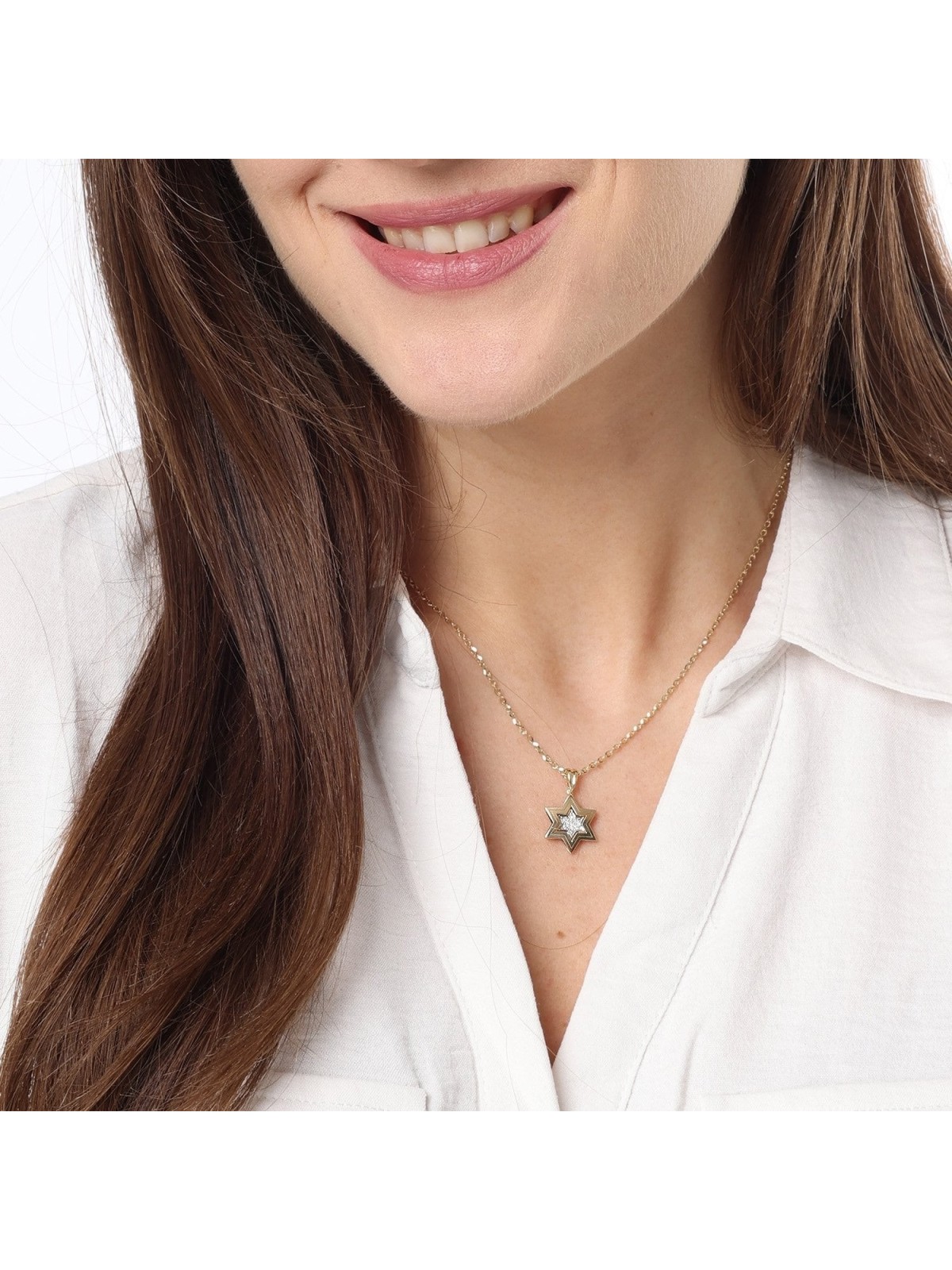 Double 14K Gold Star of David Pendant Necklace with Diamonds (Choice o