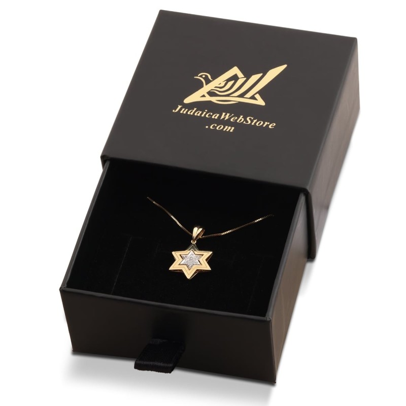 Collier double pendentif étoile de David en or 14 carats avec diamants (choix o