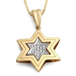 Double 14K Gold Star of David Pendant Necklace with Diamonds (Choice o