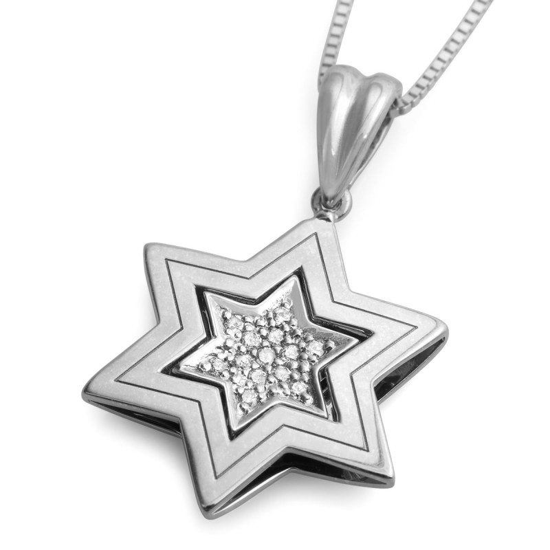Collier double pendentif étoile de David en or 14 carats avec diamants (choix o