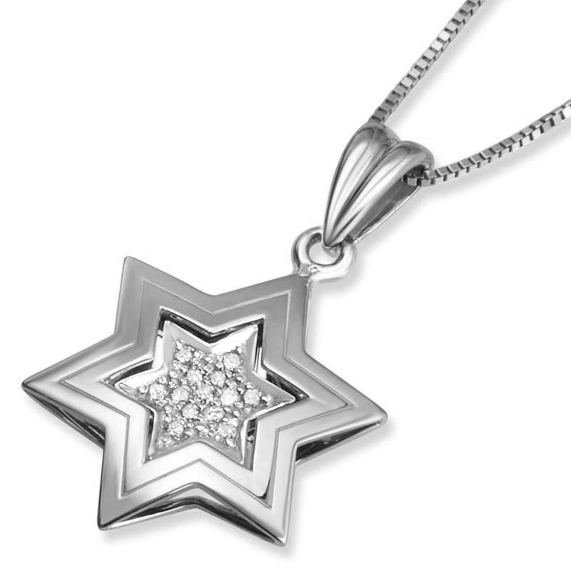 Collier double pendentif étoile de David en or 14 carats avec diamants (choix o