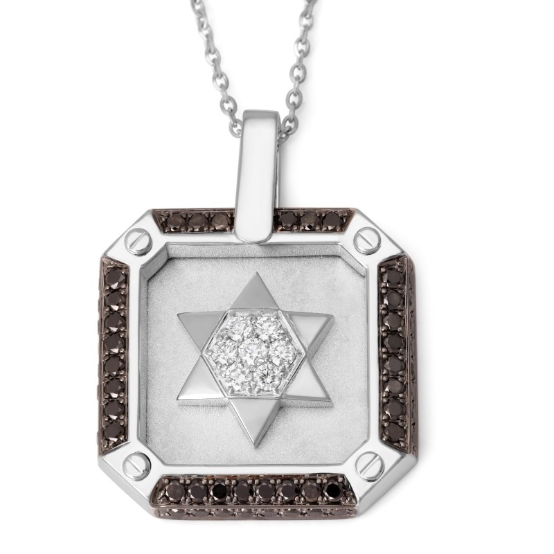 תליון זהב 14K לגברים עם מגן דוד ויהלומים שחור ולבן
