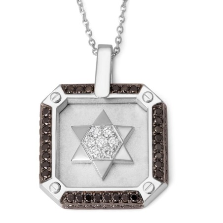 תליון זהב 14K לגברים עם מגן דוד ויהלומים שחור ולבן