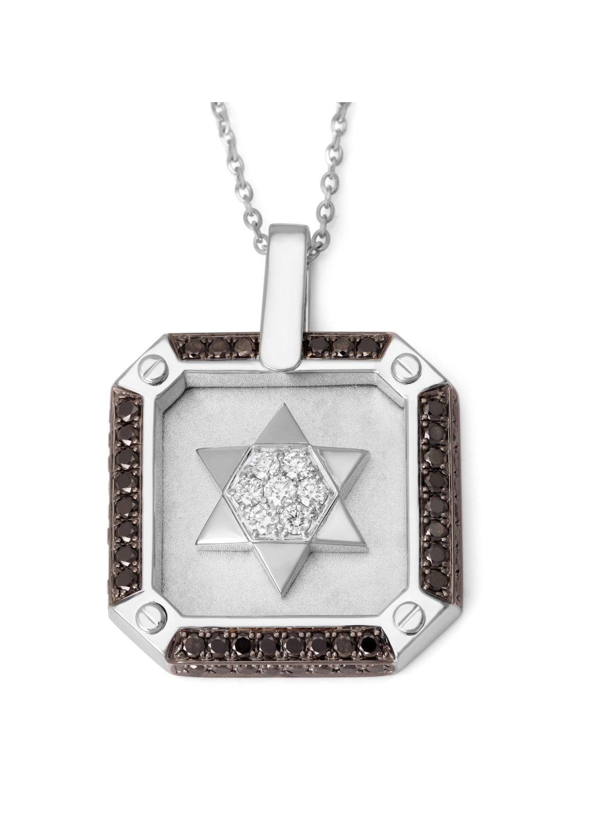 Pendentif pour homme en or 14 carats avec étoile de David et diamants noirs et blancs