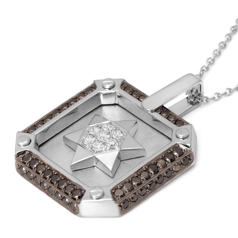Pendentif pour homme en or 14 carats avec étoile de David et diamants noirs et blancs