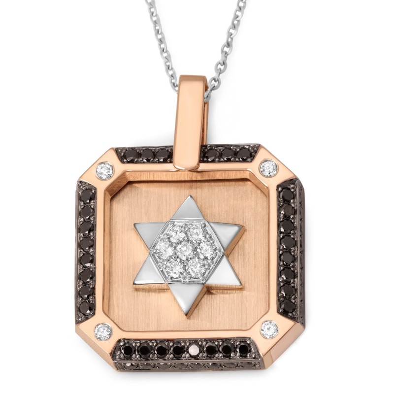 Pendentif pour homme en or 14 carats avec étoile de David et diamants noirs et blancs