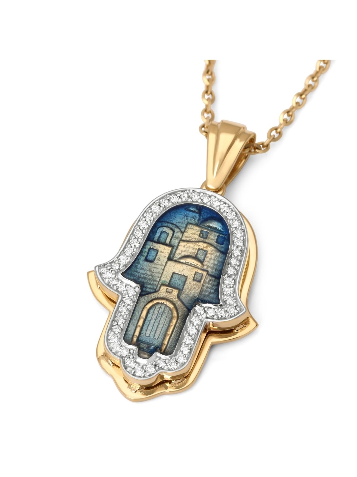 14K Gold Diamond Encrusted Hamsa Pendant Necklace (Jerusalem Motif)