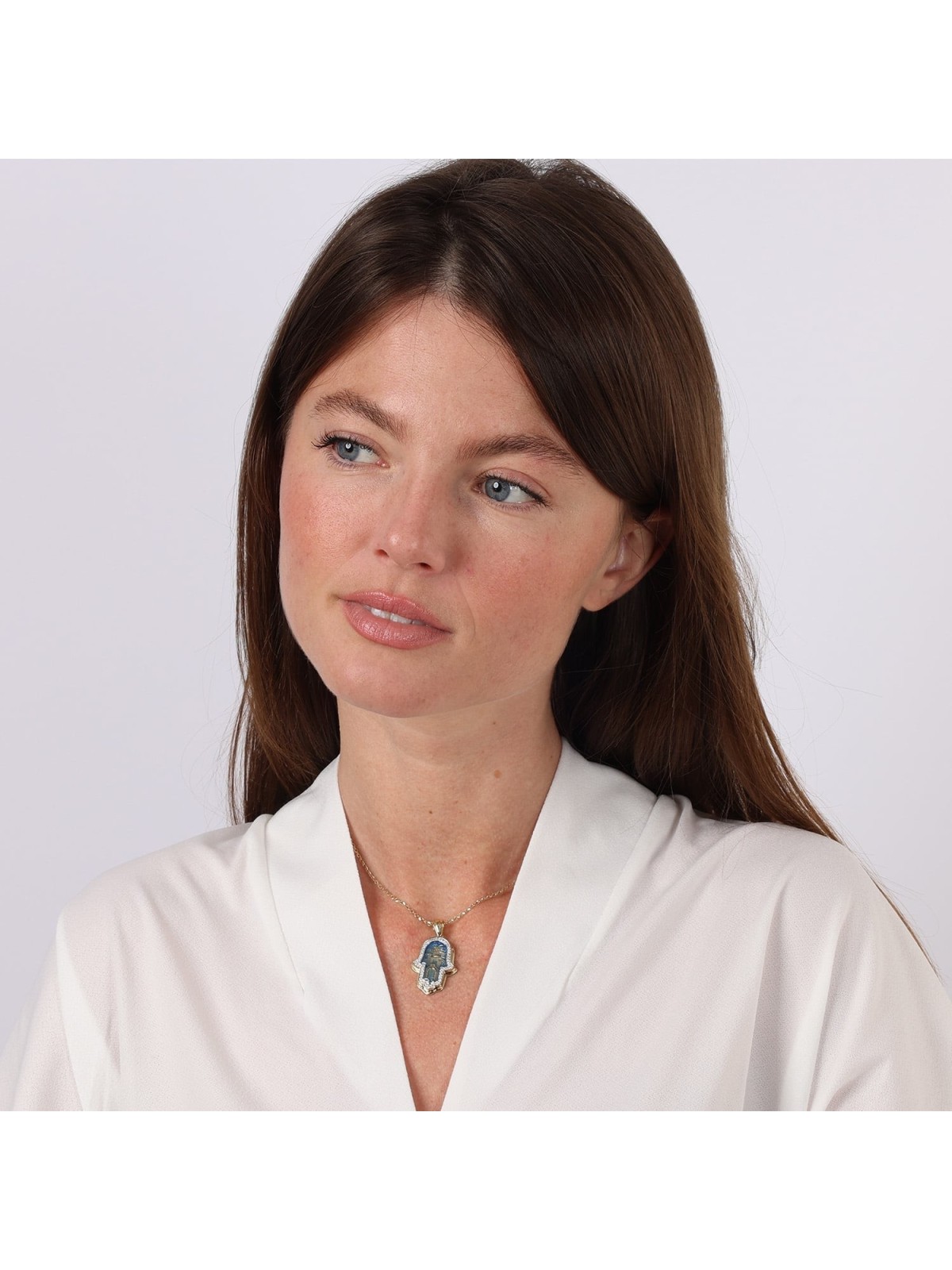 14K Gold Diamond Encrusted Hamsa Pendant Necklace (Jerusalem Motif)