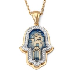 14K Gold Diamond Encrusted Hamsa Pendant Necklace (Jerusalem Motif)