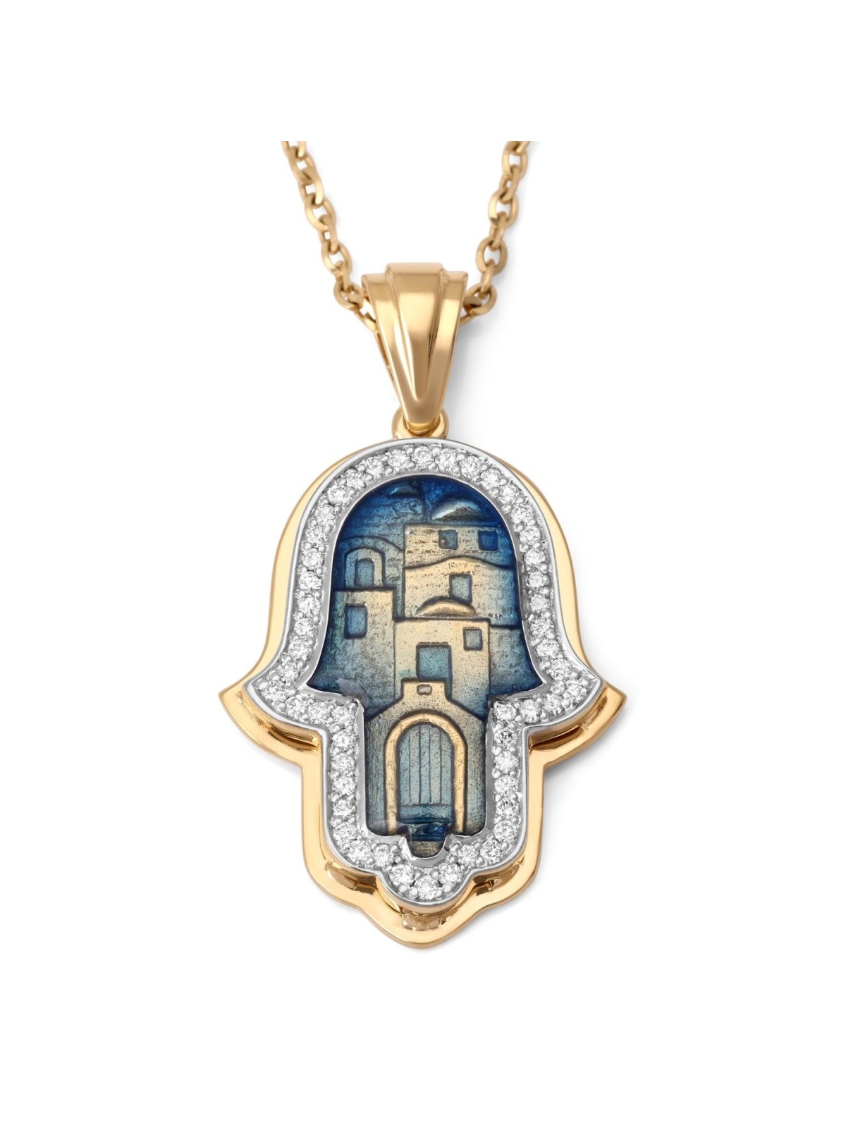 Collier pendentif Hamsa incrusté de diamants en or 14 carats (motif de Jérusalem)