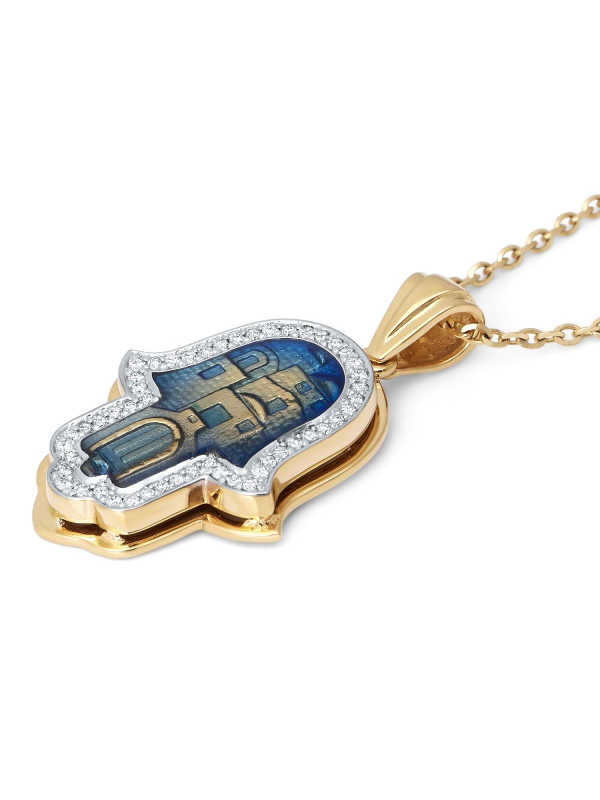 Collier pendentif Hamsa incrusté de diamants en or 14 carats (motif de Jérusalem)