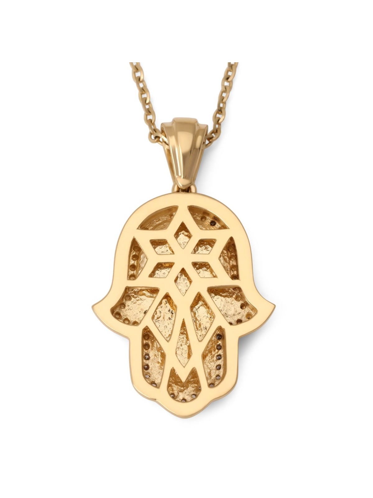 14K Gold Diamond Encrusted Hamsa Pendant Necklace (Jerusalem Motif)