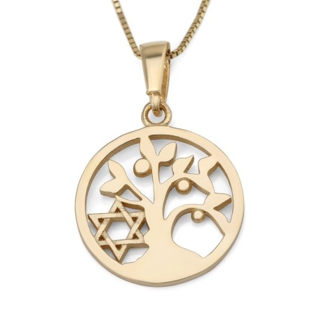 14K Gold Women's Tree of Life Pendant Necklace with Star of David