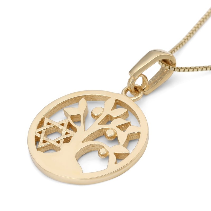Collier pendentif arbre de vie pour femme en or 14 carats avec étoile de David