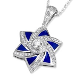 14K Gold and Blue Enamel Modern Star of David Pendant With 71 Diamonds