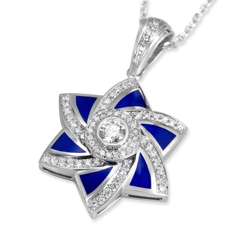 14K Gold and Blue Enamel Modern Star of David Pendant With 71 Diamonds