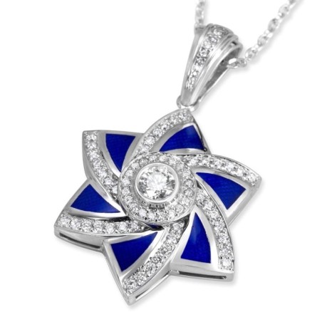 14K Gold and Blue Enamel Modern Star of David Pendant With 71 Diamonds