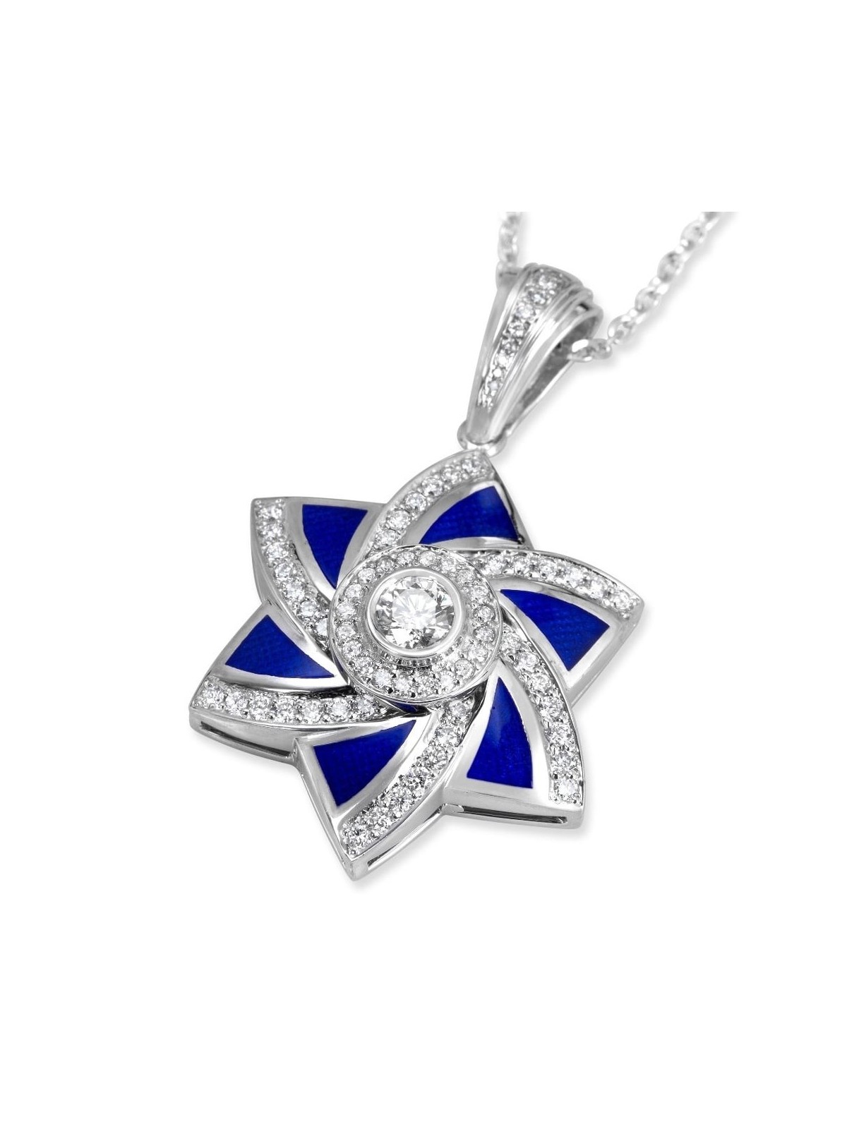 Pendentif étoile de David moderne en or 14 carats et émail bleu avec 71 diamants