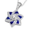 14K Gold and Blue Enamel Modern Star of David Pendant With 71 Diamonds